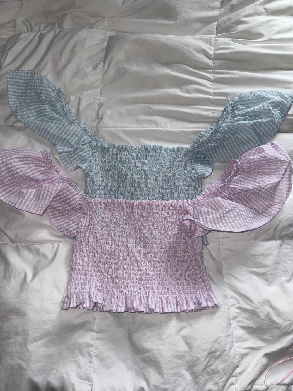 Steve Madden Set Of 2 Pink and Light Blue Smocked Off-Shoulder Ruffle Tops